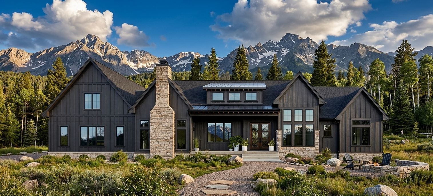 Mountain home design with dark vertical siding, stone accents, and large windows