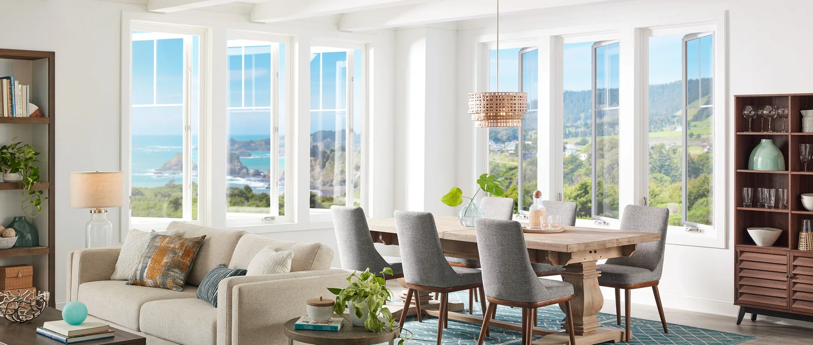 Bright dining room with white Simonton windows